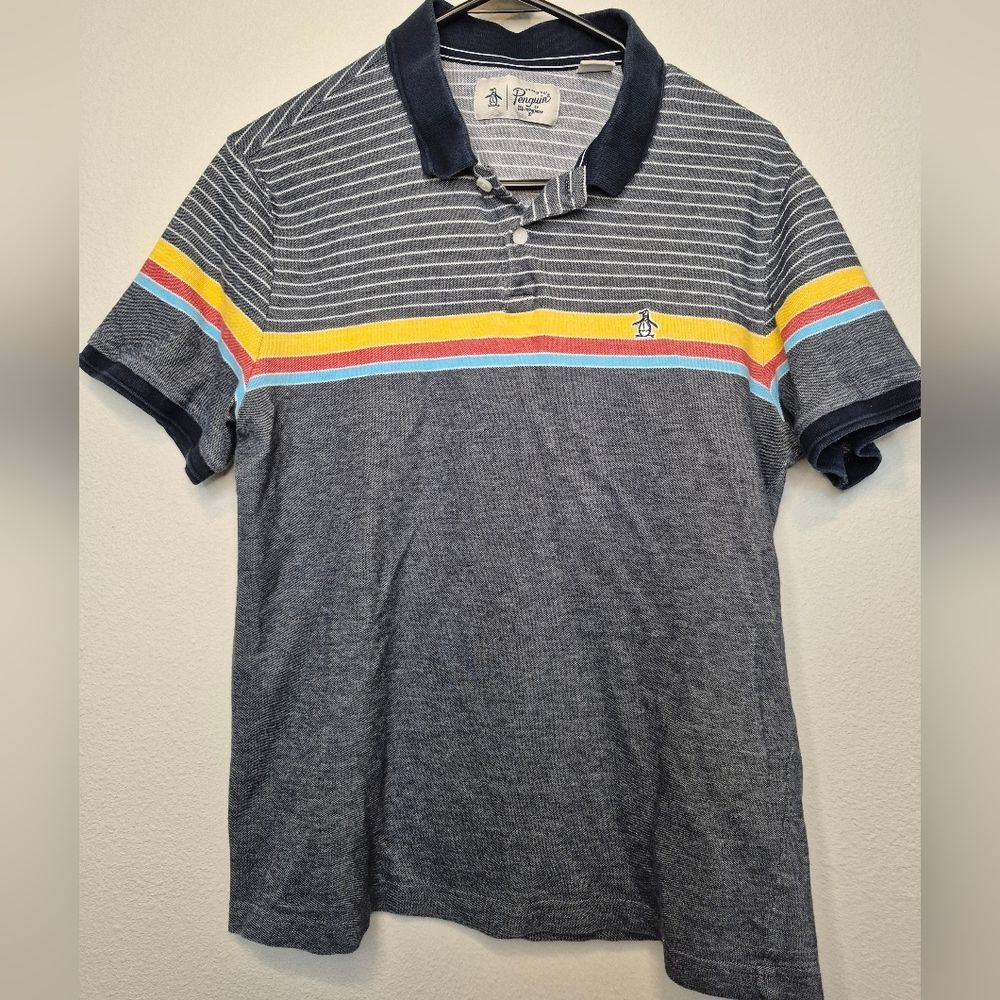 Original Penguin Men's Polo Shirt - Navy with Multicolor Stripes Size Medium